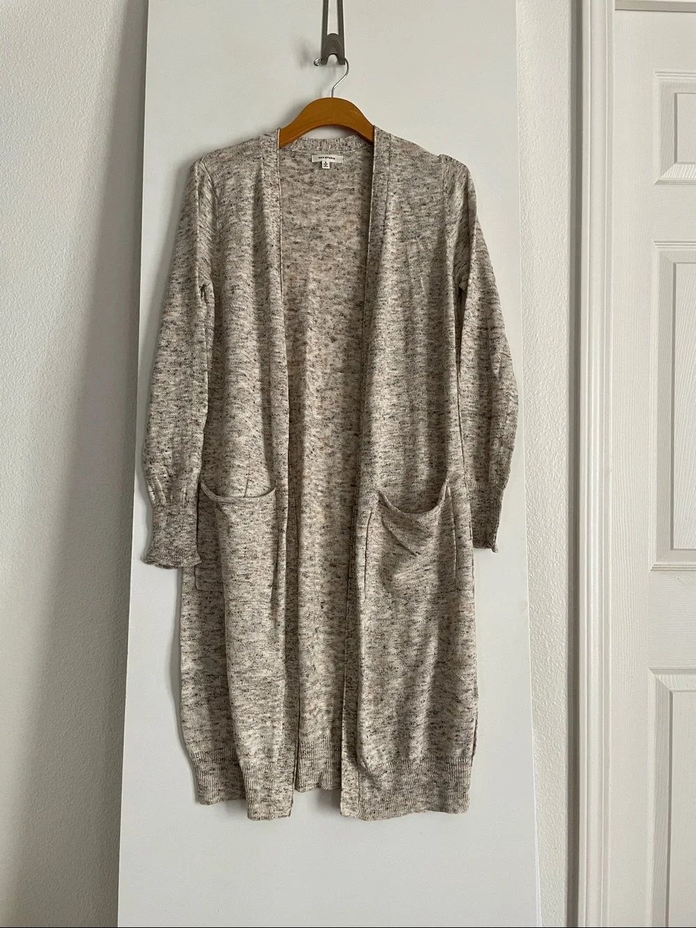 Max Studio Cotton Linen Blend Long Duster Cardigan Sweater Ivory/Brown NWOT